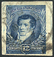 ARGENTINA: GJ.144P, 12c. Blue With Small Sun Wmk, IMPERFORATE, Used, VF Quality, Rare! - Other & Unclassified