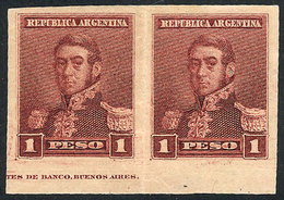 ARGENTINA: GJ.148P, 1892 1P. San Martín, IMPERFORATE PAIR, Issued Without Gum, VF And Rare! - Autres & Non Classés