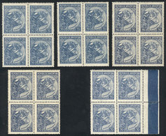 ARGENTINA: GJ.879, 5 Blocks Of 4 From Different Printings, Varied Shades And Papers (from Thin To Very Thick), Interesti - Otros & Sin Clasificación