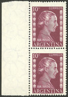 ARGENTINA: GJ.1005a, 1952 10c. Eva Perón, Spectacular Pair With Notable COMPLETE DOUBLE IMPRESSION, Superb! - Andere & Zonder Classificatie