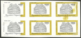 ARGENTINA: GJ.1850P, 1979/82 1000P. Colón Theater, IMPERFORATE Block Of 6, In The Left Stamps The Ocher Color Is Partial - Otros & Sin Clasificación