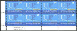 ARGENTINA: GJ.3182, 2002 UP Stamps Of 1P., Block Of 8 With Variety: DOUBLE PERFORATION At Left, VF! - Autres & Non Classés