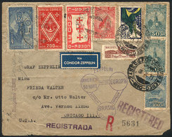 BRAZIL: 18/OC/1933 Rio De Janeiro - Chicago, Via ZEPPELIN: Registered Cover With Very Colorful Postage (9 Stamps, 8 Diff - Otros & Sin Clasificación
