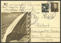 CZECHOSLOVAKIA: Illustrated Postal Card (topic Flags, Sport, Youth) Sent To Germany On 20/MAY/1948, Censored, VF Quality - Other & Unclassified