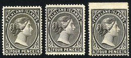 FALKLAND ISLANDS/MALVINAS: Sc.6 + 6a + 6b, 1883/95 Victoria 4p. With Right Watermark, 3 Mint Examples, Colors Olive Gray - Falkland Islands