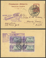 MEXICO: 12/JUL/1929 Mexico - María Juana (Argentina), Airmail Card "via New York", With Special Violet Marks On Front An - Mexico