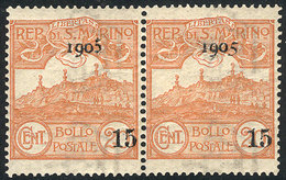 SAN MARINO: Yvert 40 + 46a, 1905 Provisional Of 15c., Pair With Both Overprint Types, VF Quality! - Autres & Non Classés