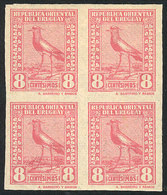 URUGUAY: Sc.290, 1924 Tero Southern Lapwing 8c., IMPERFORATE BLOCK OF 4, Excellent Quality (the Top Stamps Lightly Hinge - Uruguay