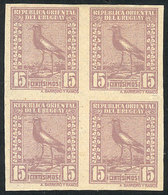 URUGUAY: Sc.293, 1924 Tero Southern Lapwing 15c., IMPERFORATE BLOCK OF 4, Excellent Quality (the Top Stamps Lightly Hing - Uruguay
