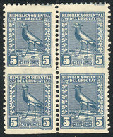 URUGUAY: Sc.321, 1926/7 Tero Southern Lapwing 5c., Block Of 4 IMPERFORATE HORIZONTALLY, Mint No Gum, VF Quality, Rare! - Uruguay