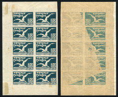 URUGUAY: Yvert 12, 1926 Albatross 20c. Green, Block Of 10, 7 With OFFSET Impression On Back, VF Quality - Uruguay