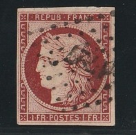 France N°6  Un Franc Carmin Foncé Oblitéré Premier Choix , Belle Couleur Et Bellle Oblitération - 1849-1850 Ceres