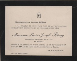 Cartelette Faire-Part De Décés/Mademoiselle Louise BERAY/Louis -Joseph BERAY/PTT/ Isére/1927                     FPD121 - Décès