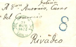D.P. 15. 1844. Carta De León A Rivadeo. Fechador En Verde Y Porteo '8' En Azul. Muy Bonita. - ...-1850 Prefilatelia