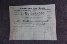 Facture Ancienne - CLERMONT FERRAND, J.QUIQUANDON, Fournitures Pour Modes. - 1800 – 1899