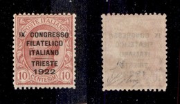 REGNO - 1922 - 10 Cent Congresso Filatelico (123) - Gomma Integra - Oliva + Fiecchi + Cert. AG (1.500) - Sonstige & Ohne Zuordnung