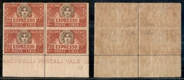 COLONIE - LIBIA - Espressi - 1921 - 50 Cent (4g Varietà K) - Quartina Bordo Foglio Non Dentellata Al Centro Con Filigran - Altri & Non Classificati