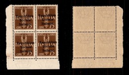 EMISSIONI LOCALI - TERAMO - 1944 - 75 Cent (14) - Quartina Angolare (pos. 81/92) Con Soprastampa Obliqua - Gomma Integra - Andere & Zonder Classificatie