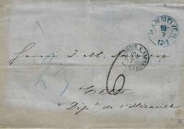 1862- Letter From HANNOVER To Cette ( France ) Postage 2 1/3 Blue + 6 D. Tampon - Cartas & Documentos