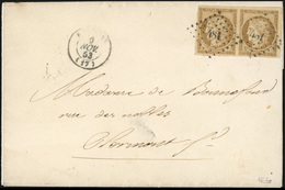 O N°1, Paire Du 10c. Bistre-jaune Obl. PC 481 S/lettre Frappée Du CàD De BOURGES Du 9 Novembre 1853 à Destination De CLE - 1849-1850 Cérès