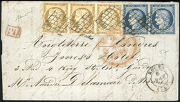 O N°1x 3 + 4 X 2, 10c. Bistre-jaune Bande De 3 + 25c. Bleu Paire Obl. Grille S/lettre Frappée Du CàD De ROUEN Du 6 Août  - 1849-1850 Cérès