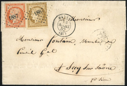 O N°15, 10c. Bistre-jaune (déf.) + 40c. Orange Obl. PC 1887 S/lettre Frappée Du CàD De MORNAY Du 18 Mars 1852 à Destinat - 1849-1850 Cérès