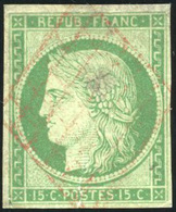 O N°2, 15c. Vert (déf.) Obl. Grille Rouge Légère. Très Grande Rareté. Cote MAURY. B. - 1849-1850 Cérès