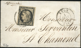 O N°3, 20c. Noir Obl. S/lettre Frappée Du CàD De LYON Du 1er Janvier 1849 à Destination De ST-CHARMOND. Timbre Touché En - 1849-1850 Cérès