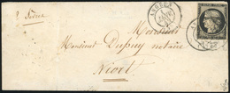 O N°3, 20c. Noir (déf.) Obl. S/lettre Frappée Du CàD D'ANGERS Du 1er Janvier 1849 à Destination De NIORT. Au Verso, Cach - 1849-1850 Cérès