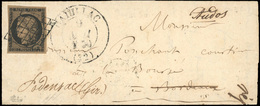 O N°3g, 20c. Noir S/chamois Très Foncé Obl. Grille S/lettre Frappée Du Grand CàD D'AURILLAC Du 9 Mai 1850 à Destination  - 1849-1850 Cérès