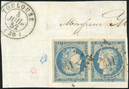 O N°4c, 25c. Bleu. Paire Tête-Bêche Obl. Légère S/fragment Frappé Du CàD De TOULOUSE Du 4 Juillet 1852. TB. - 1849-1850 Ceres