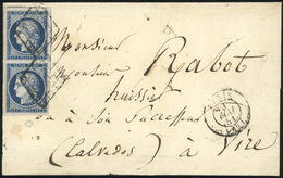 O N°4, Paire Verticale Du 25c. Bleu Obl. Grille S/lettre Frappée Du CàD De PARIS Du 3 Mai 1851 à Destination De VIRE - C - 1849-1850 Cérès