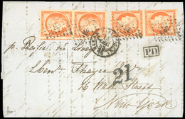 O N°5, 40c. Orange. 2 Paires Obl. Sur Lettre Frappée Du CàD De PARIS Du 13 DECEMBRE 1852 à Destination De NEW-YORK. Ense - 1849-1850 Cérès