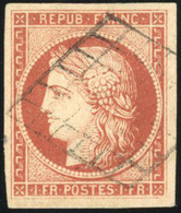 O N°7, 1F. Vermillon Nuance Cuivrée. Obl. Grille Légère. SUP. - 1849-1850 Cérès