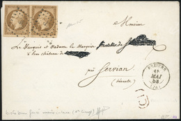 O N°9d, Paire Du 10c. Bistre-brun Foncé (amorce De 2 Voisins) Obl. PC 389 S/lettre Frappée Du CàD De BEZIERS Du 15 Mai 1 - 1852 Louis-Napoléon