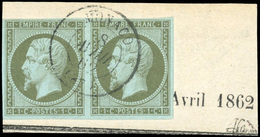O N°11x 2, Paire Du 1c. Olive Obl. CàD S/petit Fragment + 2c. Rouge-brun Obl. CàD + 20c. Bleu Obl. GC. Tous Oblitérés De - 1853-1860 Napoléon III