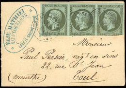 O N°11, 1c. Olive. Bande De 3 (2 Timbre Def.) Obl. Sur Lettre Frappée Du CàD Du 14 JUIN 1861 à Destination De TOUL. TB. - 1853-1860 Napoléon III