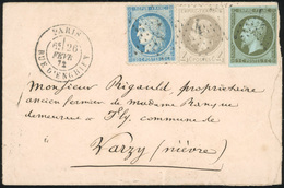 O N°11+ 27A + 37, 1c. Olive + 40c. Gris + 20c. Bleu. Obl. étoile 4 Sur Lettre Frappée Du CàD De PARIS - RUE D'ENGHIEN Du - 1853-1860 Napoléon III.
