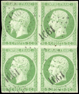 O N°12, 5c. Vert. Bloc De 4. Oblitération Légère. Aminci S/paire Supérieure Sinon TB. - 1853-1860 Napoléon III