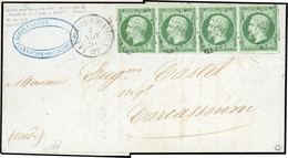 O N°12c, 5c. Vert Foncé Sur Fond De Sureté Vert. Bande De 4 Dont Un Exemplaire Avec Filet Légèrement Touché Obl. PC 283  - 1853-1860 Napoléon III