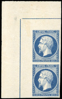 ** N°14, 20c. Bleu Foncé. Paire Verticale. Coin De Feuille Avec Filet D'encadrement Intégral. Pièce D'exposition. SUP. R - 1853-1860 Napoléon III.