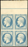 ** N°14f, 20c. Bleu Laiteux. Bloc De 4 Avec BdeF Et Filet D'encadrement. Fraîcheur Postale. RR. SUP. - 1853-1860 Napoléon III