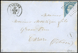 O N°14, 20c. Bleu Coupé En Diagonal Obl. PC 3317 Sur Lettre Frappée Du CàD De TARARE Du 27 NOVEMBRE 1855 En Port Local.  - 1853-1860 Napoléon III.