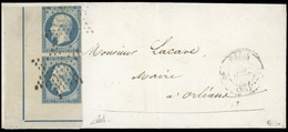 O N°14, 20c. Bleu. Paire Verticale CdeF Intégral Avec Filet D'encadrement Complet Obl. étoile Sur Lettre Frappée Du Càd  - 1853-1860 Napoléon III