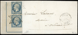 O N°14, 20c. Bleu. Paire Verticale CdeF Intégral Avec Filet D'encadrement Complet Obl. étoile Sur Lettre Frappée Du Càd  - 1853-1860 Napoléon III.