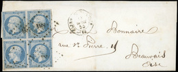 O N°14A, 20c. Bleu, Bloc De 4, Obl. PC 884, S/lettre Frappée Du CàD De CLERMONT DE L'OISE Du 13 Avril 1855 à Destination - 1853-1860 Napoléon III