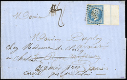 O N°14Ai, 20c. Bleu, Bord De Feuille Avec Filet D'encadrement, Obl. PC 1228 S/lettre à Destination De PARIS, Puis Réexpé - 1853-1860 Napoléon III