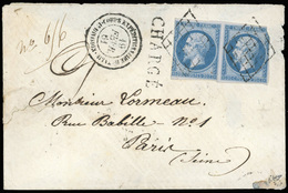 O N°14Bb, Paire Du 20c. Bleu S/lilas (déf.) Obl. Grille S/lettre Chargée Frappée Du CàD CORPS EXPEDITIONNAIRE - 1ERE DIV - 1853-1860 Napoléon III