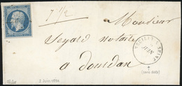 O N°15, 25c. Bleu Obl. PC 2250 S/lettre Frappée Du CàD De NEUILLY-SUR-SEINE Du 2 Juin (54) à Destination De DOURDAN. Cac - 1853-1860 Napoléon III