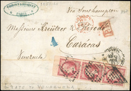 O N°17A, 80c. Carmin. Bande De 3 Obl. Sur Lettre Frappée Du CàD De PARIS Du 15 FEVRIER 1853 à Destination De CARACAS - V - 1853-1860 Napoléon III.